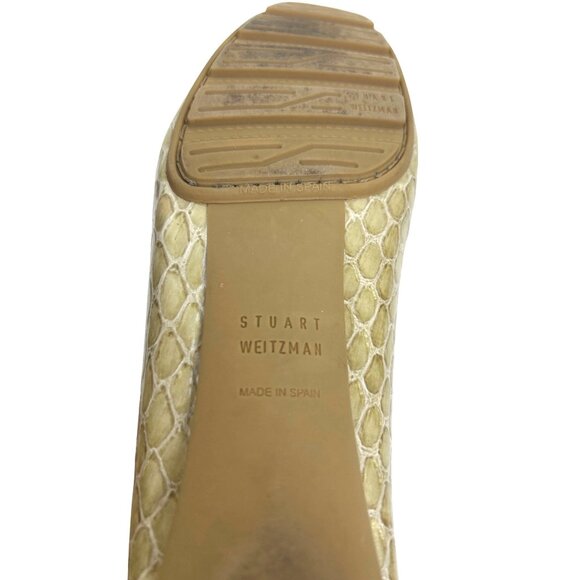 Stuart Weitzman Loafers Snakeskin Embossed Patent Leather Beige Gold Buckle 7M - Picture 10 of 10